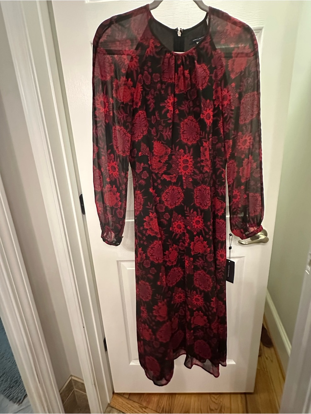 Tommy Hilfiger Black Dress with Red Floral Print - Long Sleeve Midi NWT